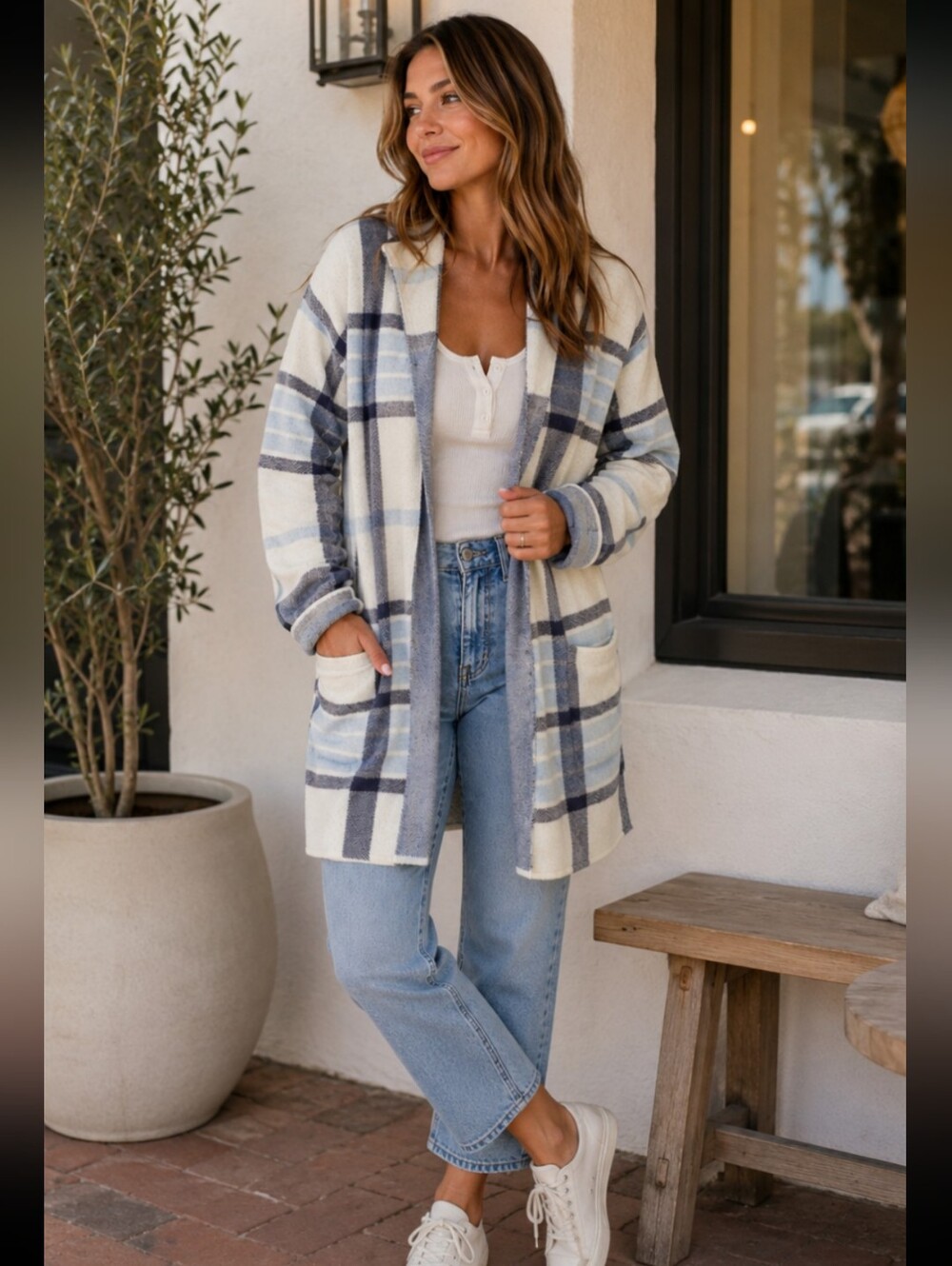 Elle Open-Front Plaid Cape Coat in Light Blue and Navy